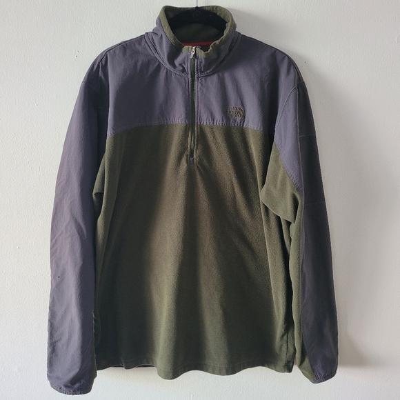 North Face Mens Large Quarter Zip Fleece Green Gray 2 Tone Sleeve Pocket Missing - Picture 1 of 8